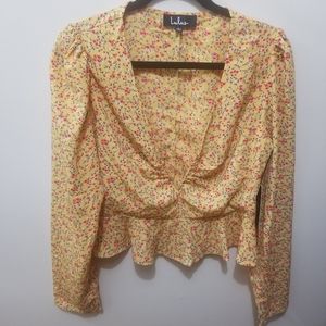 Lulu's Yellow Floral Vneck Flowy Ruffle Boho Beachy Cottagecore Blouse Size Lag